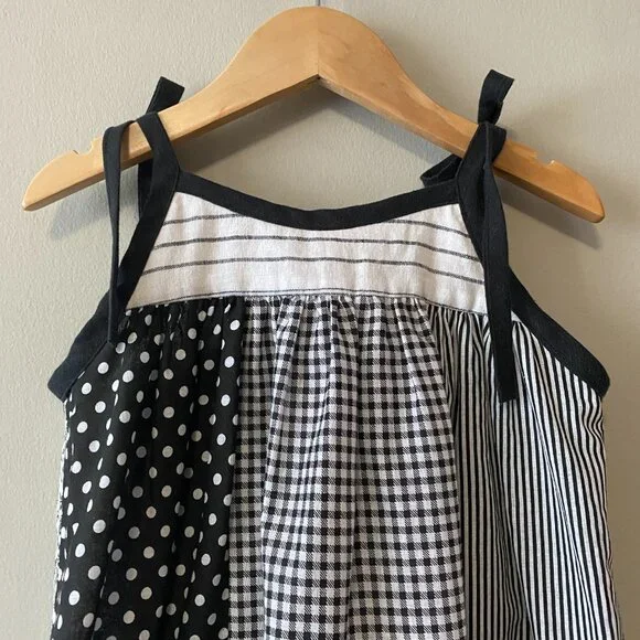 Handmade Children's Cotton Linen Black White Mixed Pattern Tie Strap Dress - Picture 8 of 13